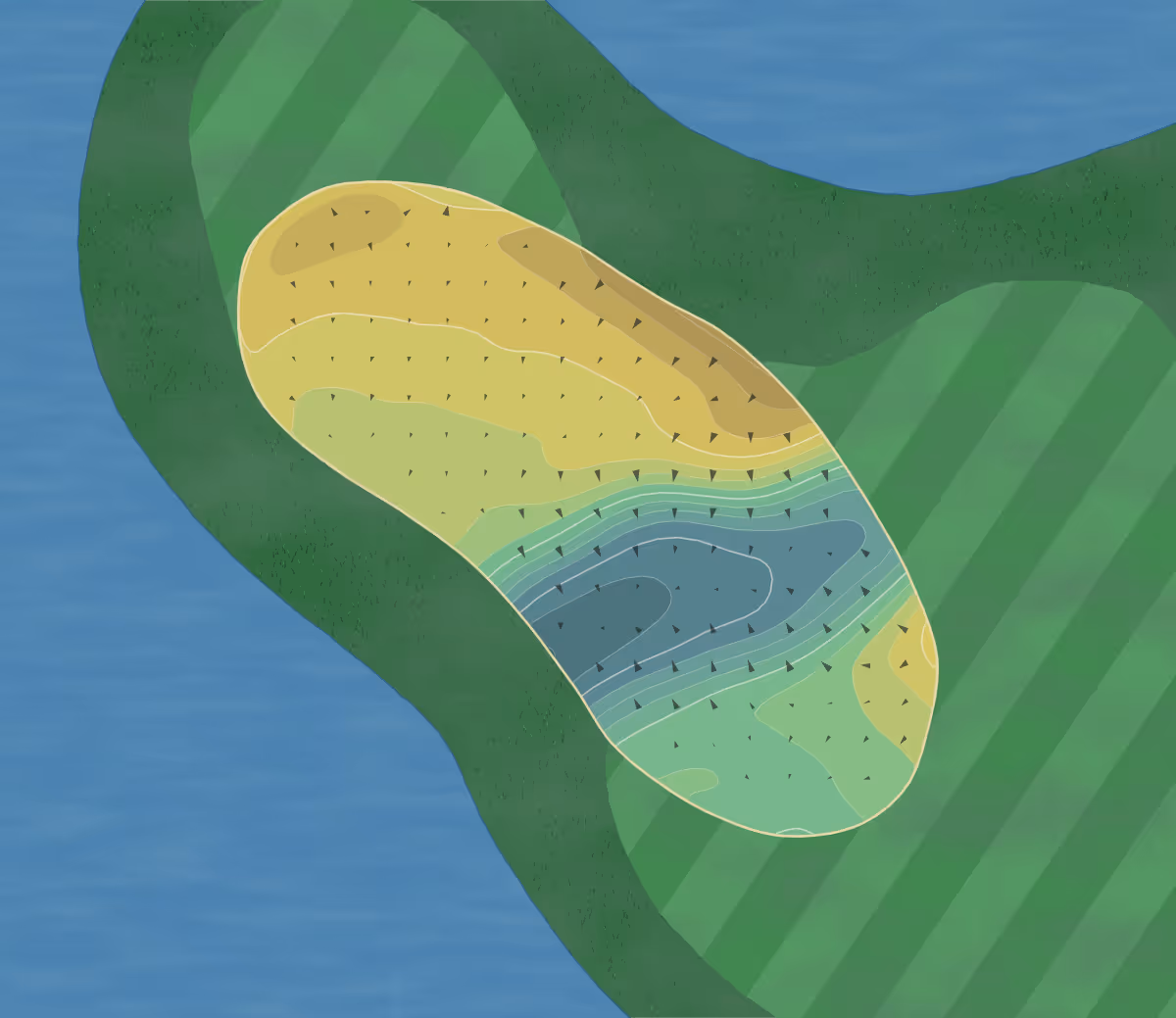 Green contour map of Tpc Colorado in Berthoud, Colorado — 176 elevation contours at a 3-inch interval with fall-line arrows, traced from 1-meter lidar