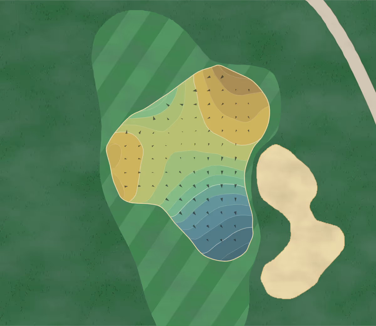 Green contour map of Tpc Deere in Silvis, Illinois — 292 elevation contours at a 3-inch interval with fall-line arrows, traced from 1-meter lidar