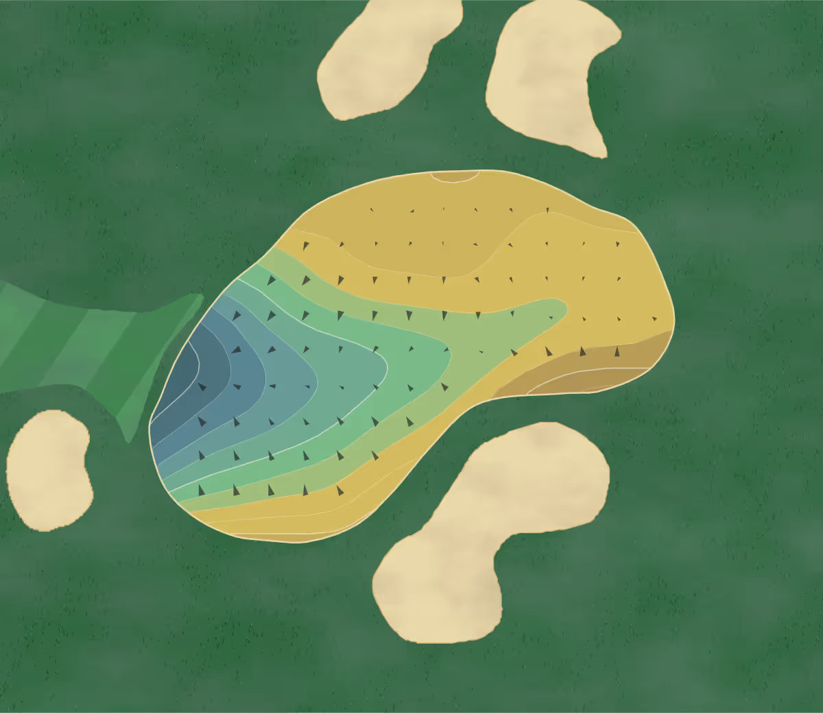 Green contour map of TPC Four Seasons in Irving, Texas — 25 elevation contours at a 3-inch interval with fall-line arrows, traced from 1-meter lidar