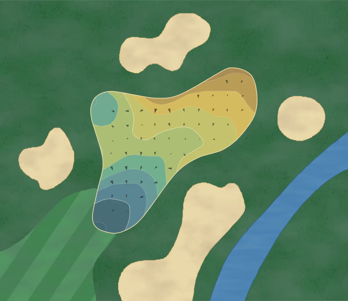 Green contour map of TPC Michigan in Dearborn, Michigan — 37 elevation contours at a 3-inch interval with fall-line arrows, traced from 1-meter lidar