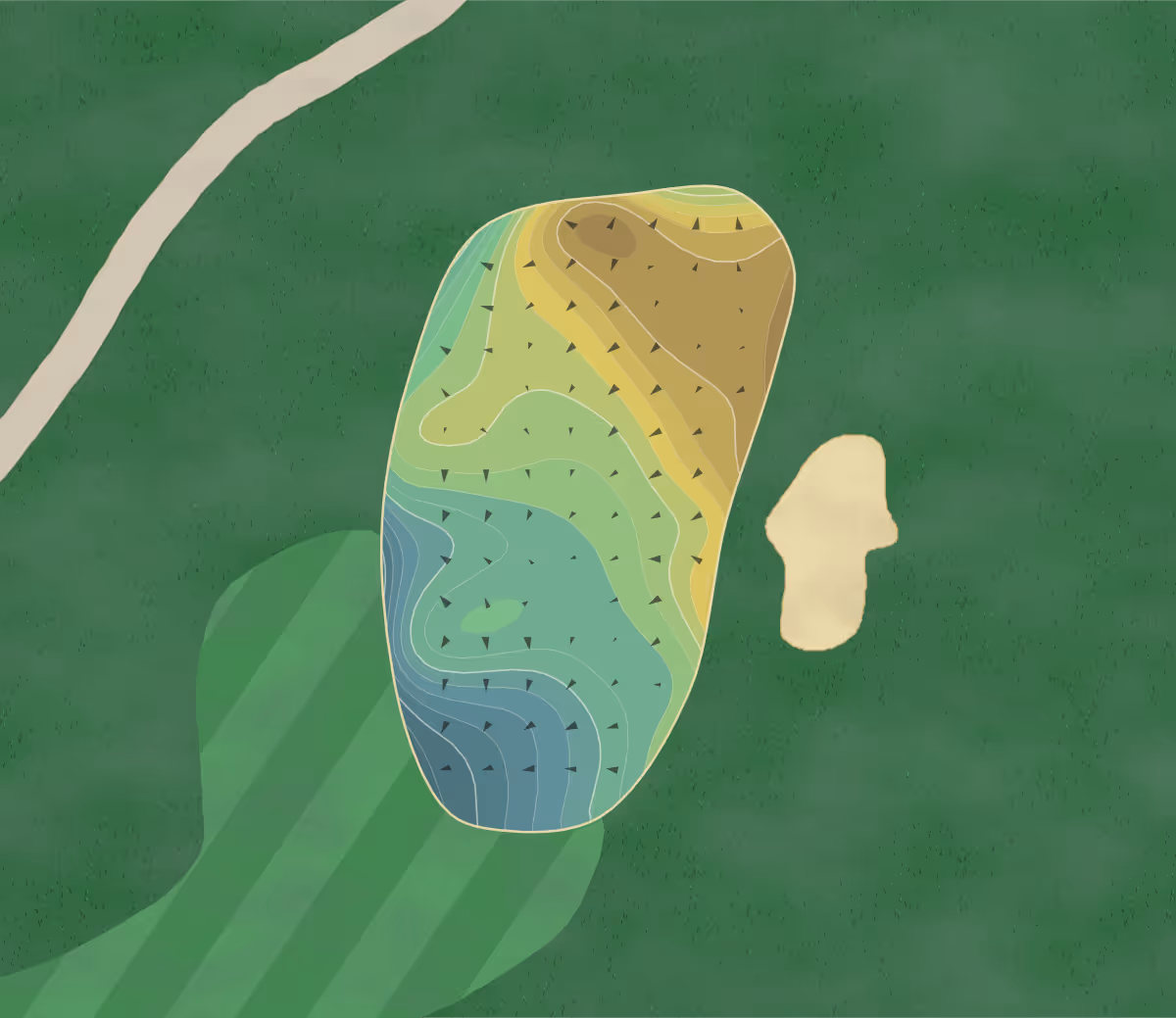 Green contour map of Tpc Piper in Charlotte, North Carolina — 234 elevation contours at a 3-inch interval with fall-line arrows, traced from 1-meter lidar