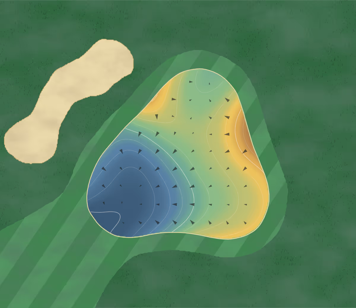 Green contour map of TPC Prestancia in Sarasota, Florida: 43 elevation contours at a 3-inch interval with fall-line arrows, traced from 1-meter lidar
