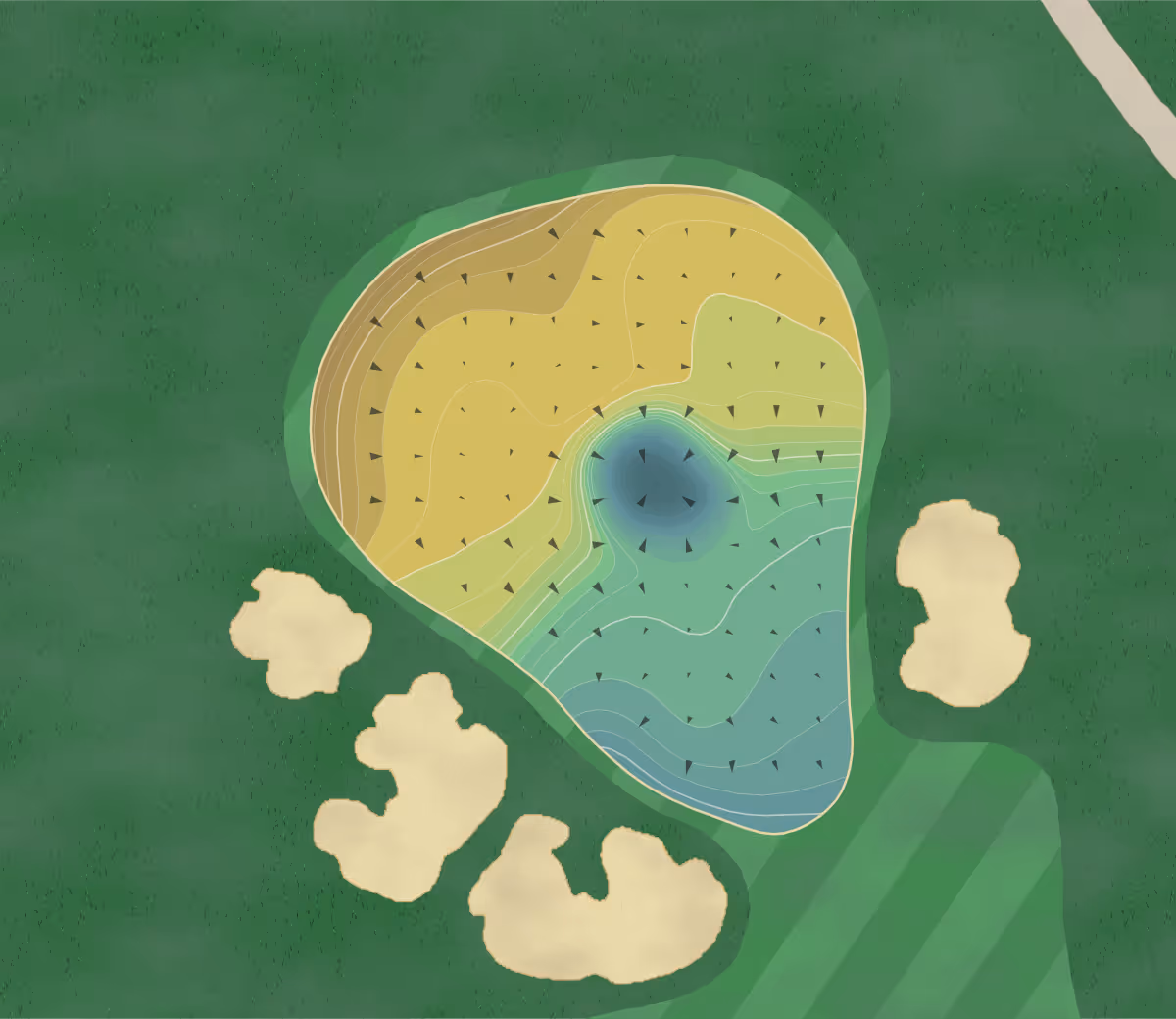 Green contour map of TPC San Antonio in San Antonio, Texas — 253 elevation contours at a 3-inch interval with fall-line arrows, traced from 1-meter lidar