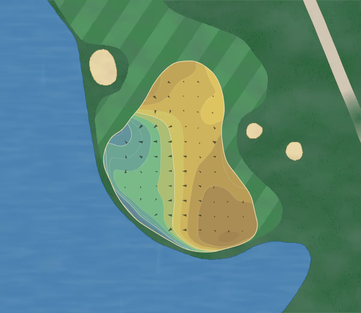 Green contour map of TPC Sawgrass in Ponte Vedra Beach, Florida — 318 elevation contours at a 3-inch interval with fall-line arrows, traced from 1-meter lidar