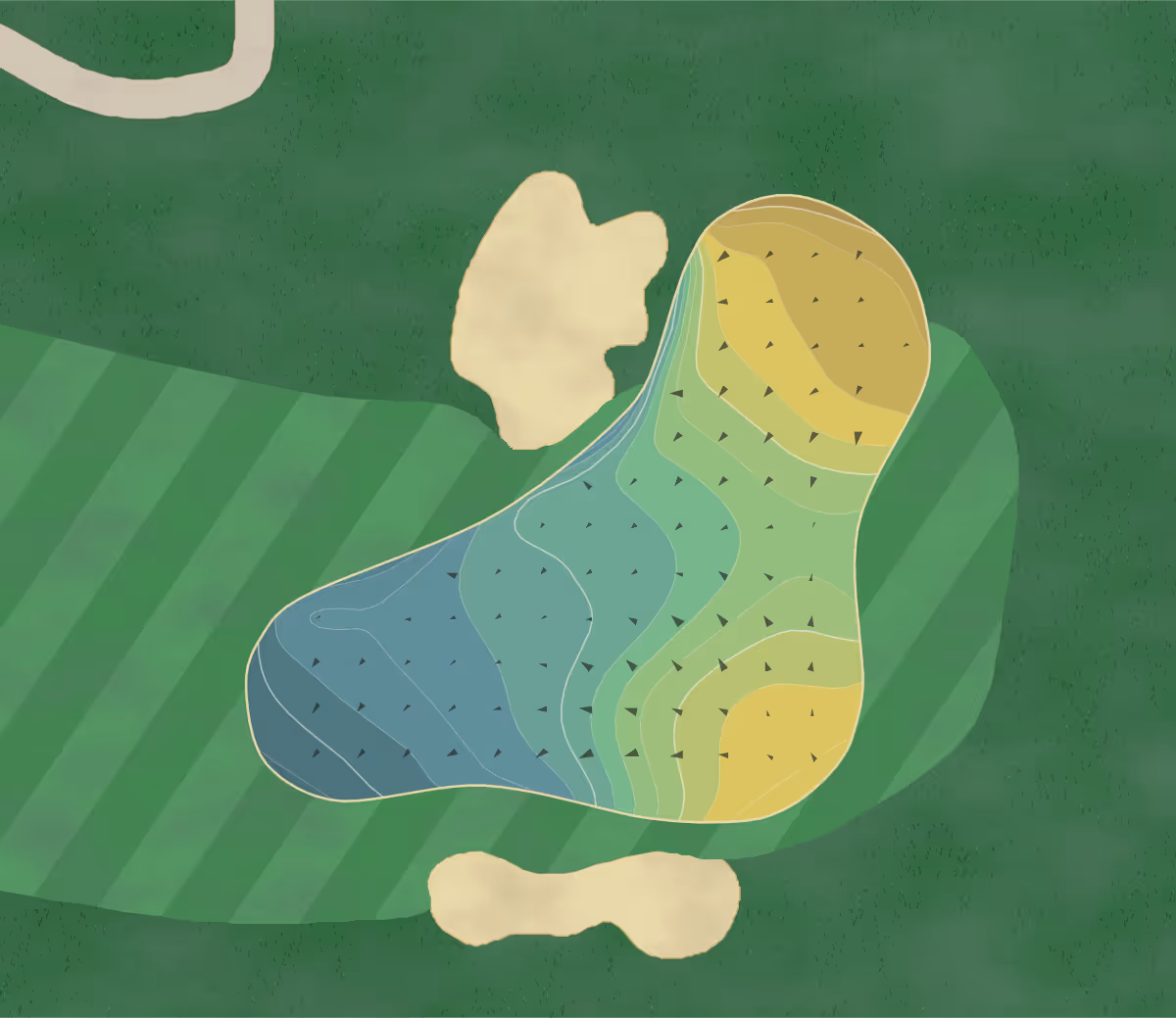 Green contour map of TPC Scottsdale Stadium in Scottsdale, Arizona — 260 elevation contours at a 3-inch interval with fall-line arrows, traced from 1-meter lidar