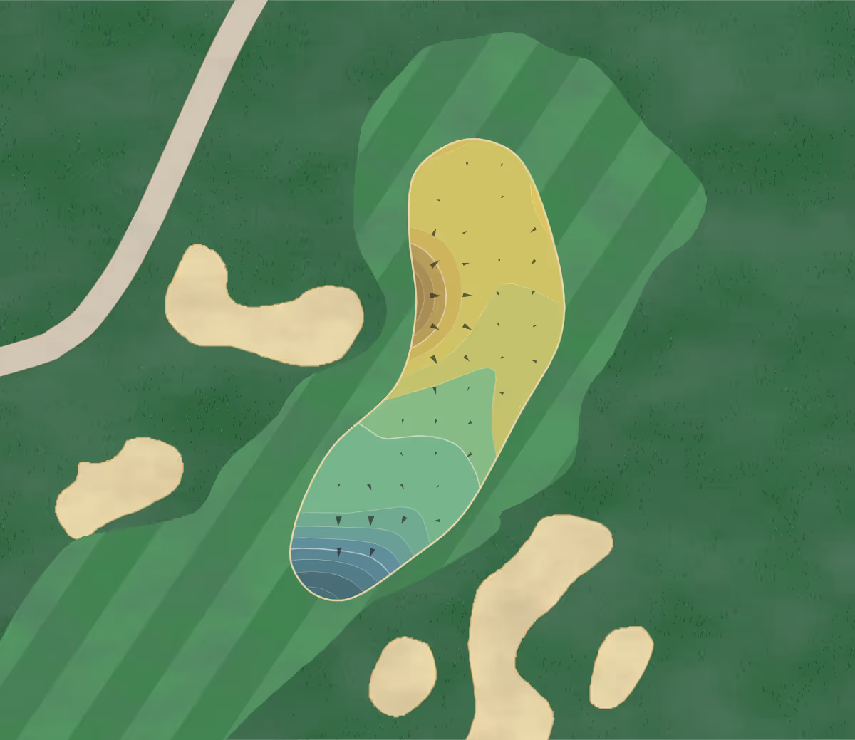 Green contour map of TPC Stadium in La Quinta, California — 165 elevation contours at a 3-inch interval with fall-line arrows, traced from 1-meter lidar