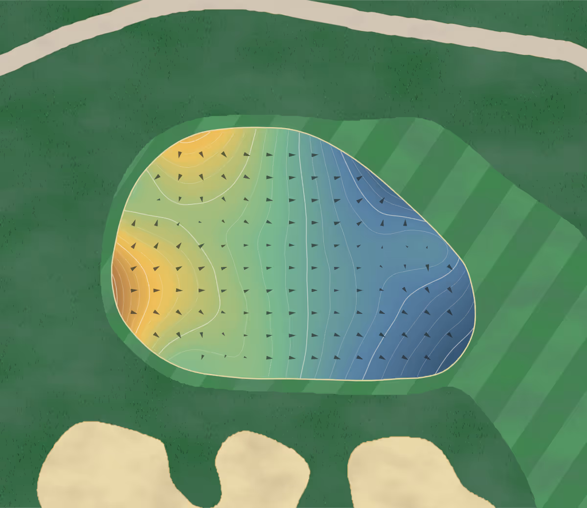 Green contour map of TPC Toronto in Caledon Village, Canada — 268 elevation contours at a 8-centimeter interval with fall-line arrows, traced from 1-meter lidar