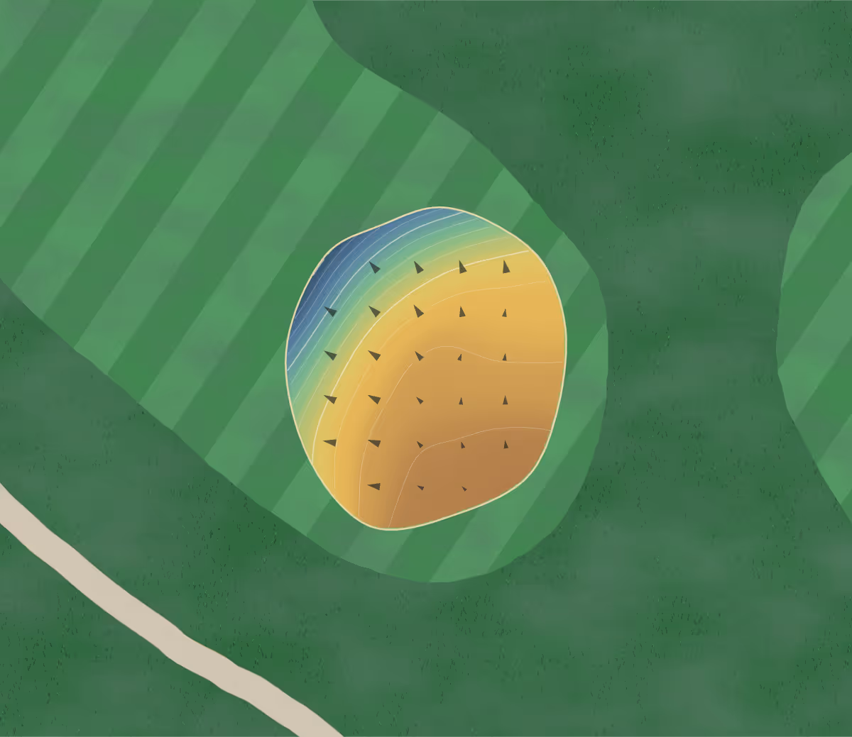 Green contour map of Tracy CC in Tracy, Minnesota: 77 elevation contours at a 3-inch interval with fall-line arrows, traced from 1-meter lidar