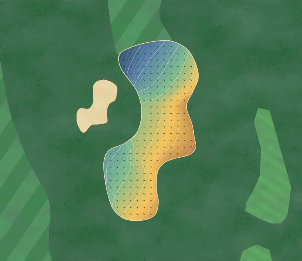 Green contour map of Tracy Park in Bristol, England: 245 elevation contours at a 8-centimeter interval with fall-line arrows, traced from 1-meter lidar