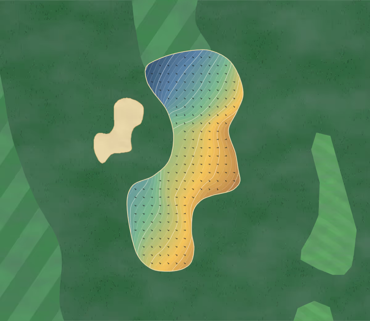 Green contour map of Tracy Park in Bristol, United Kingdom — 245 elevation contours at a 8-centimeter interval with fall-line arrows, traced from 1-meter lidar