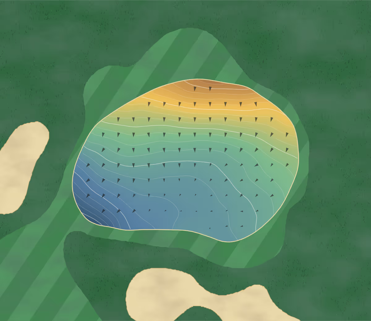 Green contour map of Tradition Golf Club at in New Milford, Connecticut — 125 elevation contours at a 3-inch interval with fall-line arrows, traced from 1-meter lidar