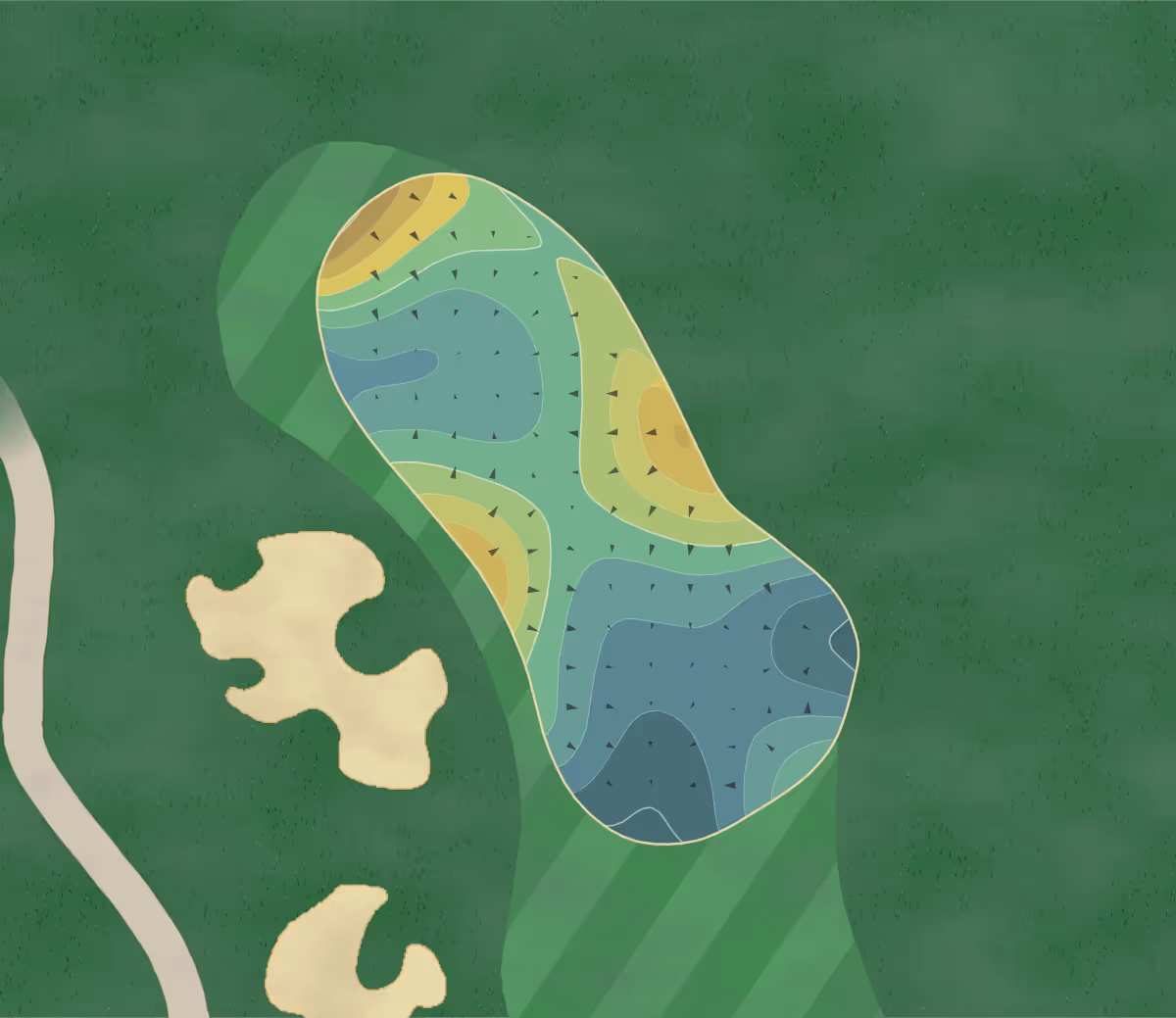Green contour map of Tradition in La Quinta, California — 204 elevation contours at a 3-inch interval with fall-line arrows, traced from 1-meter lidar
