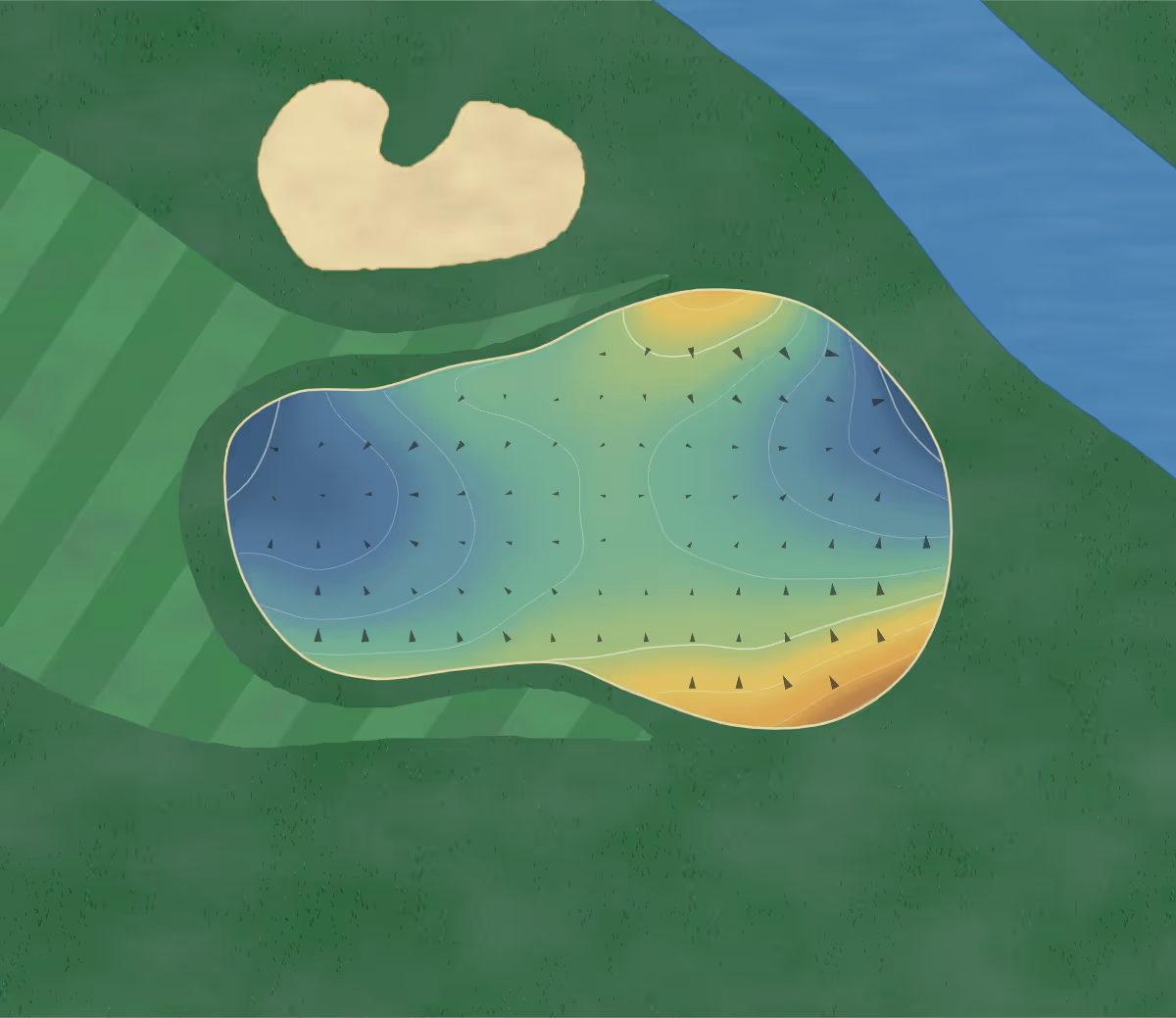 Green contour map of Traditions Chevy in Wheeling, Illinois — 142 elevation contours at a 3-inch interval with fall-line arrows, traced from 1-meter lidar