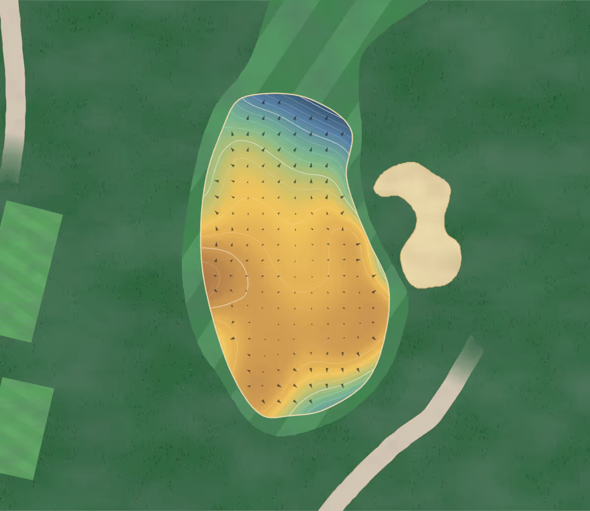 Green contour map of Tramore in Tramore, Ireland: 181 elevation contours at a 8-centimeter interval with fall-line arrows, traced from 1-meter lidar