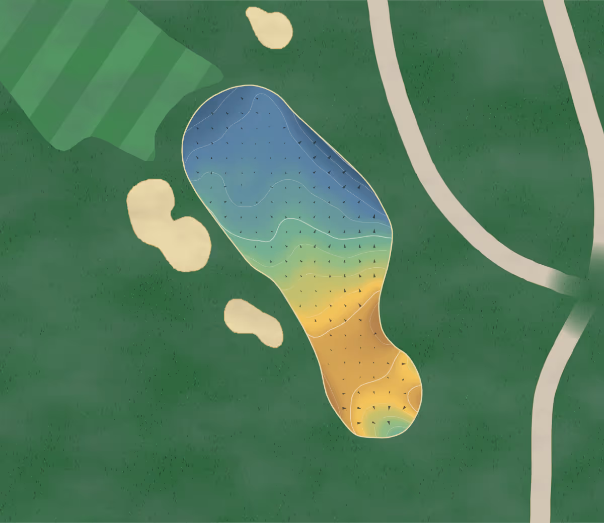 Green contour map of Transcona in Dugald Road, Canada — 116 elevation contours at a 8-centimeter interval with fall-line arrows, traced from 1-meter lidar
