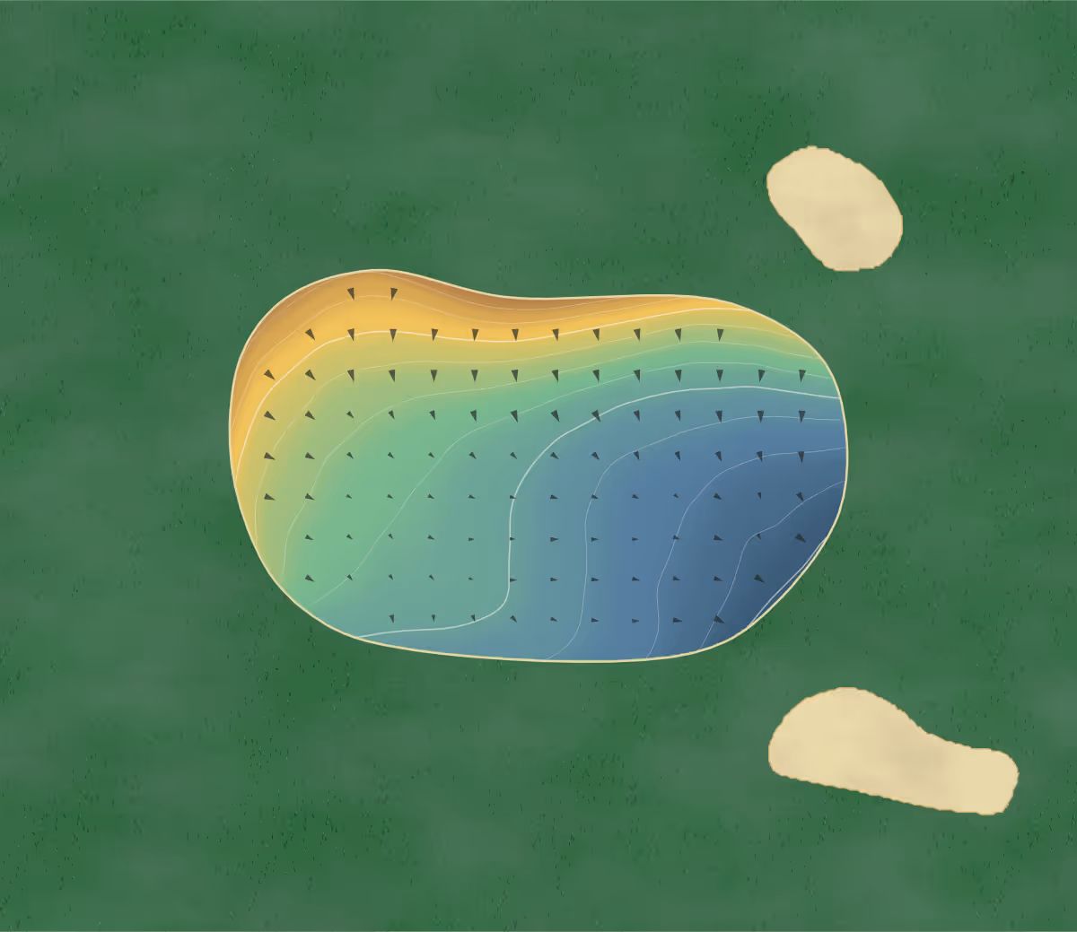 Green contour map of Tredegar Park in Gwent, United Kingdom — 184 elevation contours at a 8-centimeter interval with fall-line arrows, traced from 1-meter lidar