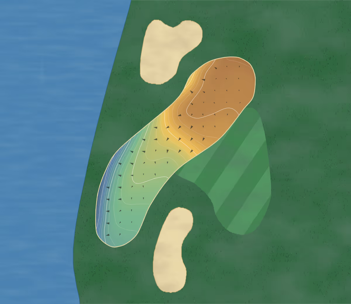 Green contour map of Treesdale G&CC in Gibsonia, Pennsylvania: 22 elevation contours at a 3-inch interval with fall-line arrows, traced from 1-meter lidar