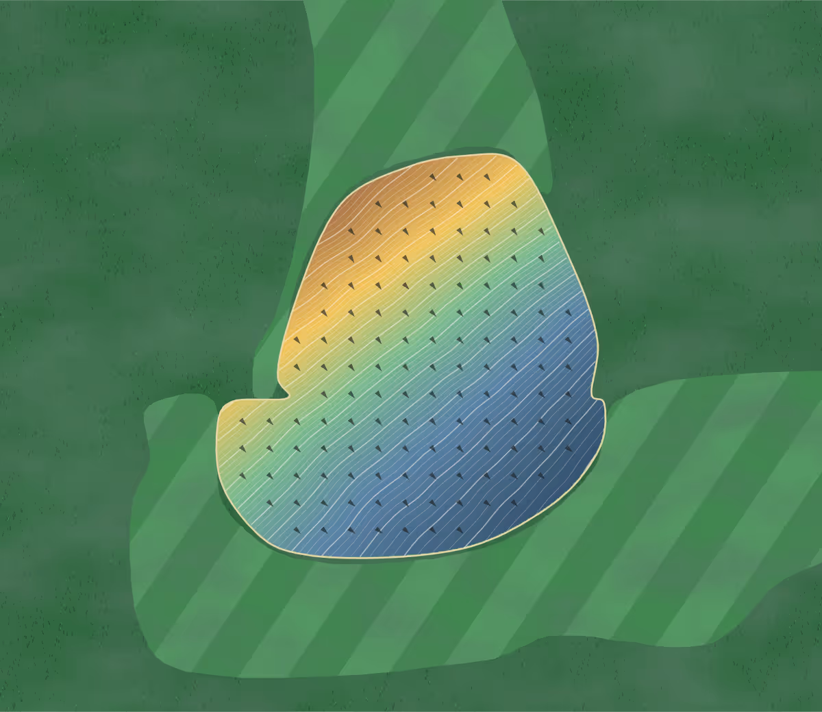 Green contour map of Trefloyne in Tenby, Wales: 280 elevation contours at a 8-centimeter interval with fall-line arrows, traced from 1-meter lidar