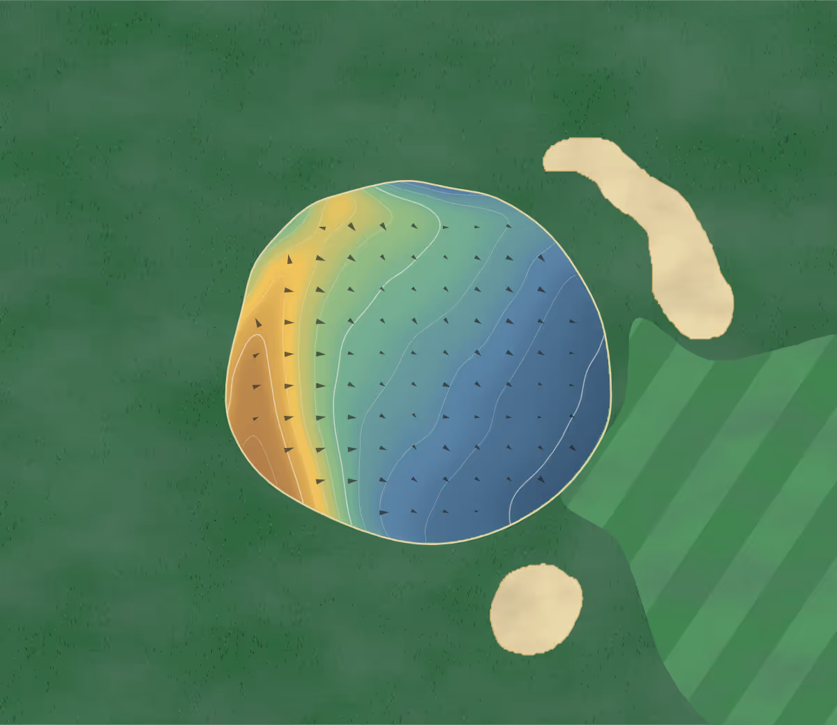 Green contour map of Trentham Park in Stoke-on-Trent, England: 30 elevation contours at a 8-centimeter interval with fall-line arrows, traced from 1-meter lidar
