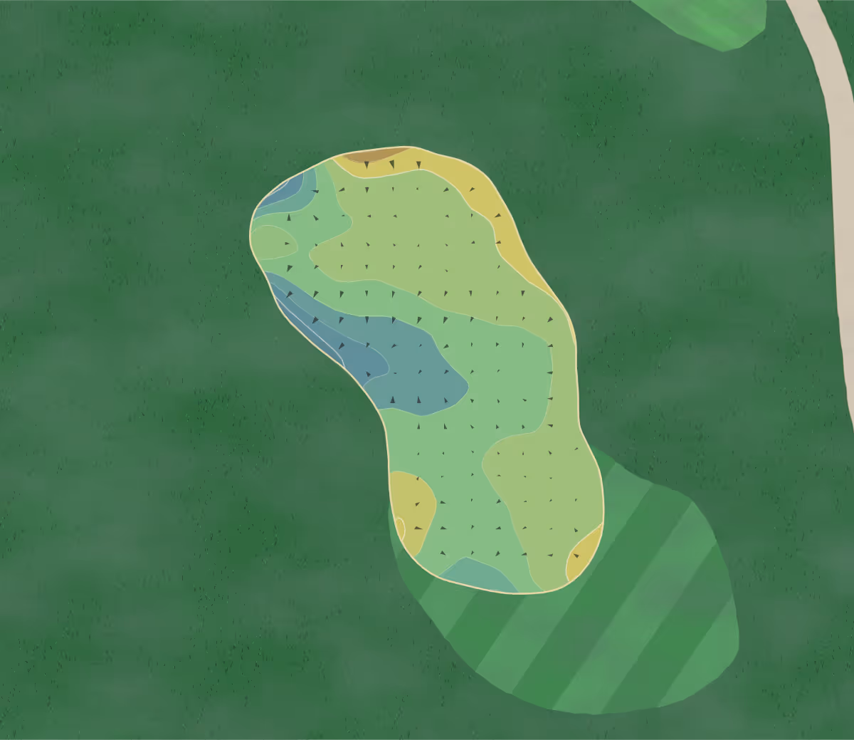 Green contour map of Trethorne GC in Cornwall, England — 184 elevation contours at a 8-centimeter interval with fall-line arrows, traced from 1-meter lidar