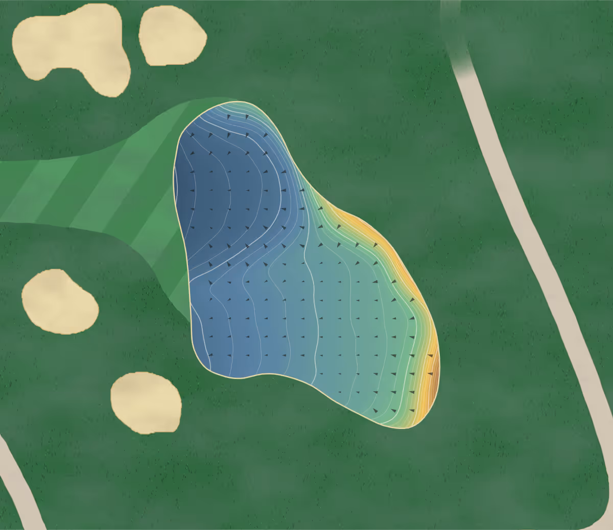 Green contour map of Trickle Creek in Kimberley, Canada: 109 elevation contours at a 8-centimeter interval with fall-line arrows, traced from 1-meter lidar