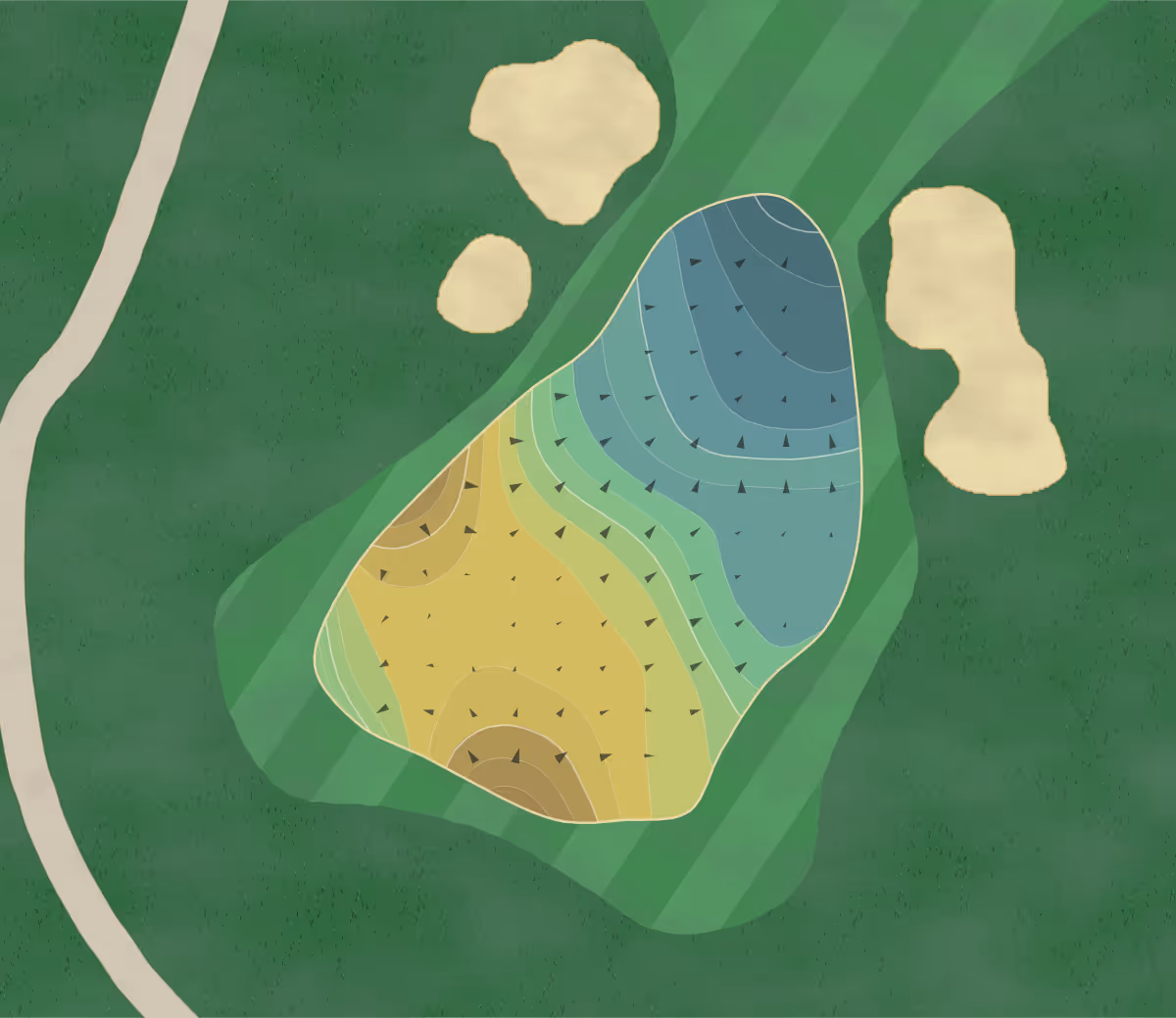 Green contour map of Trilogy in Peoria, Arizona — 228 elevation contours at a 3-inch interval with fall-line arrows, traced from 1-meter lidar