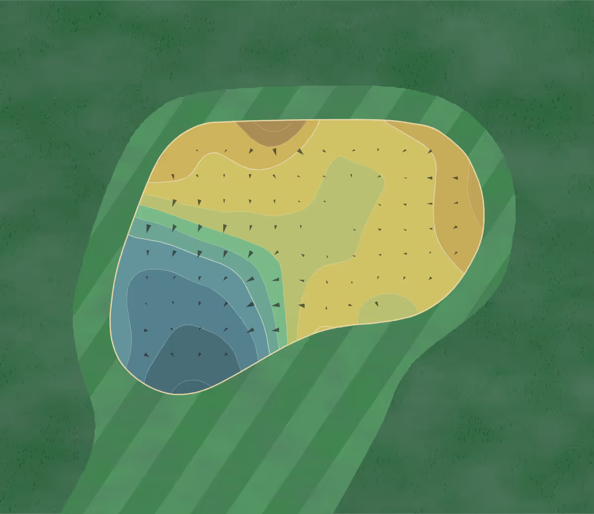 Green contour map of Trilogy in La Quinta, California — 17 elevation contours at a 3-inch interval with fall-line arrows, traced from 1-meter lidar