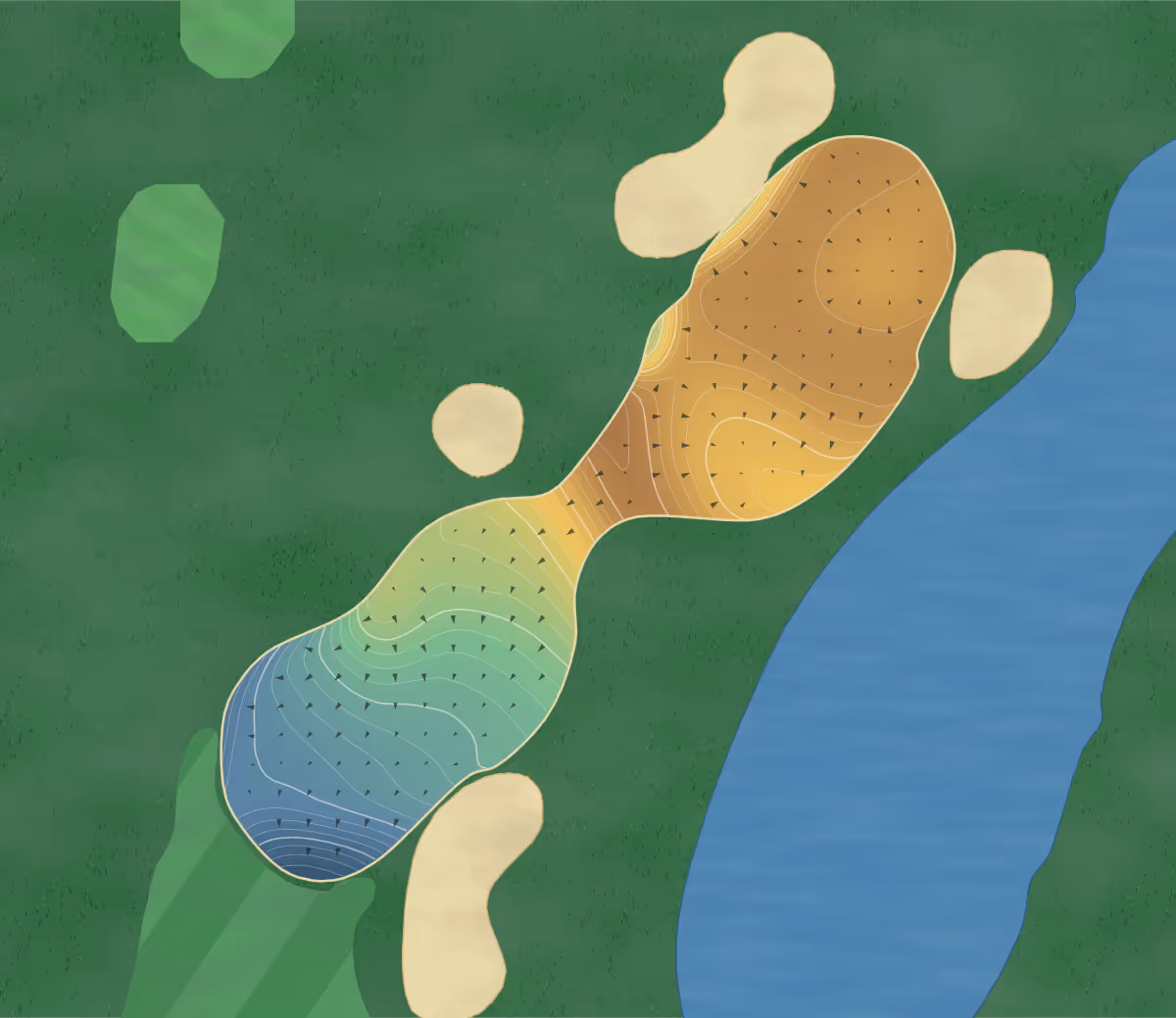 Green contour map of Troon in Scottsdale, Arizona: 224 elevation contours at a 3-inch interval with fall-line arrows, traced from 1-meter lidar