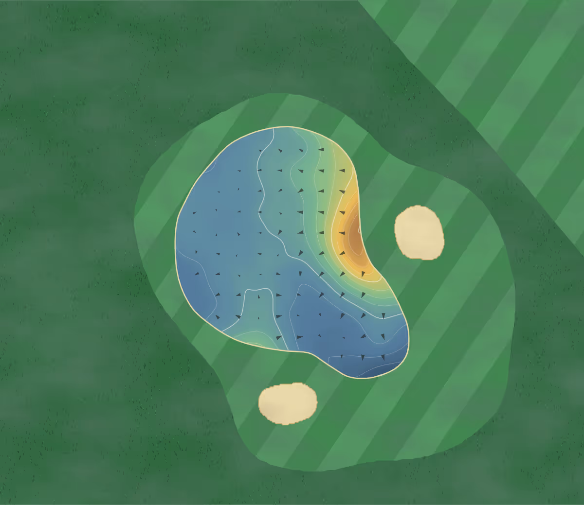 Green contour map of Lochgreen in Troon, Scotland — 235 elevation contours at a 8-centimeter interval with fall-line arrows, traced from 1-meter lidar