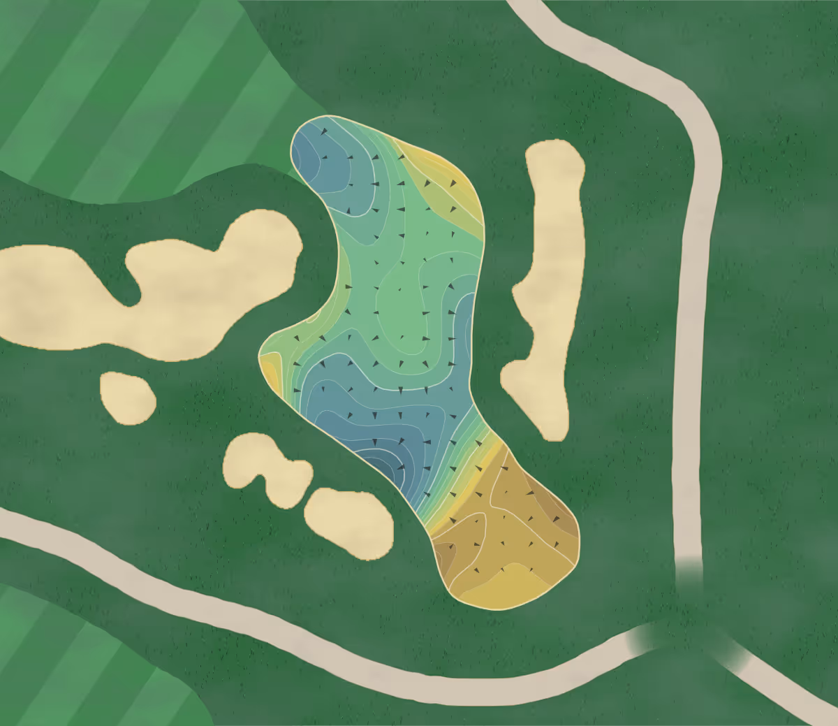Green contour map of Trump National in Rancho Palos Verdes, California — 255 elevation contours at a 3-inch interval with fall-line arrows, traced from 1-meter lidar