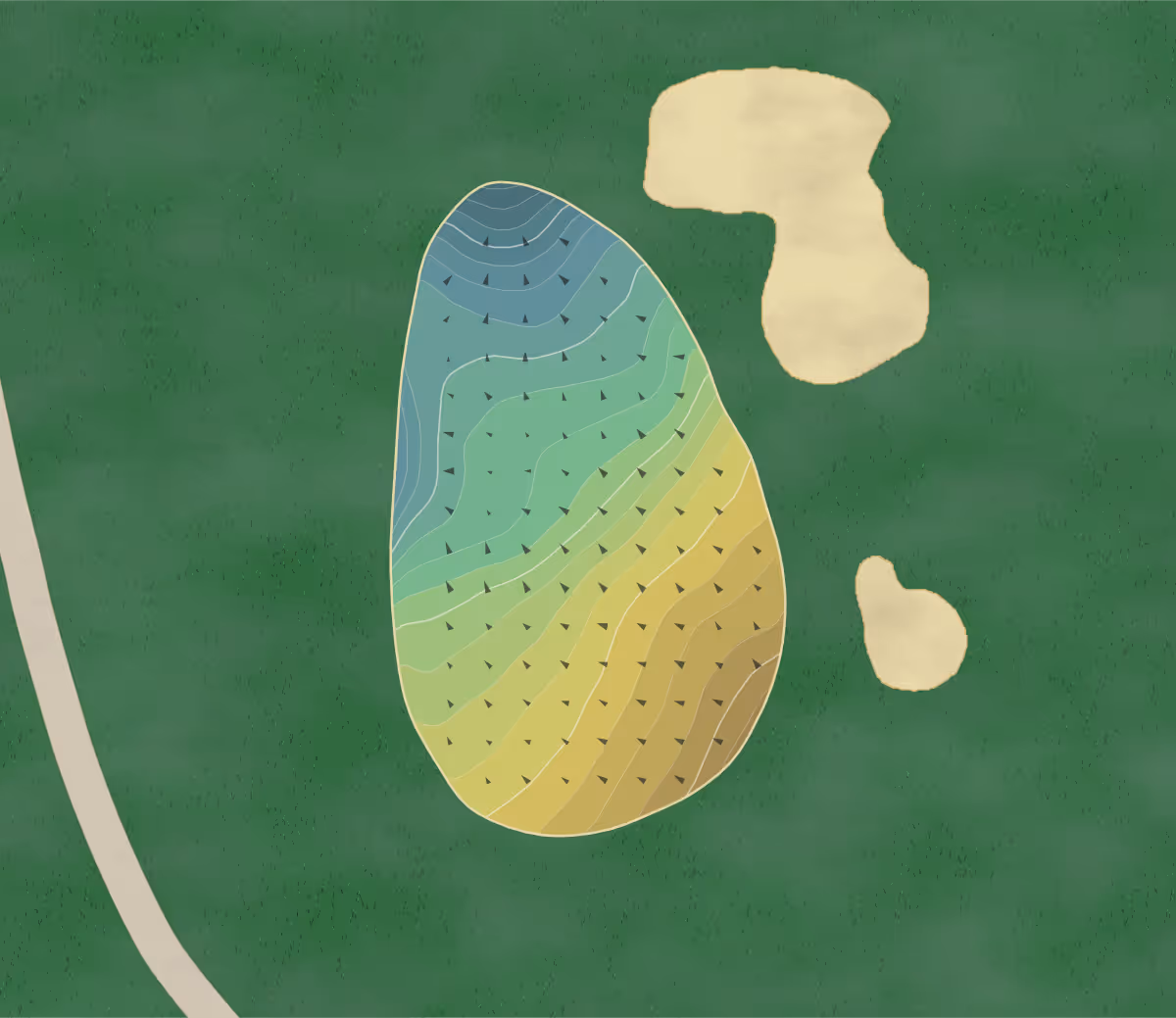 Green contour map of Trump National in Pine Hill, New Jersey — 301 elevation contours at a 3-inch interval with fall-line arrows, traced from 1-meter lidar