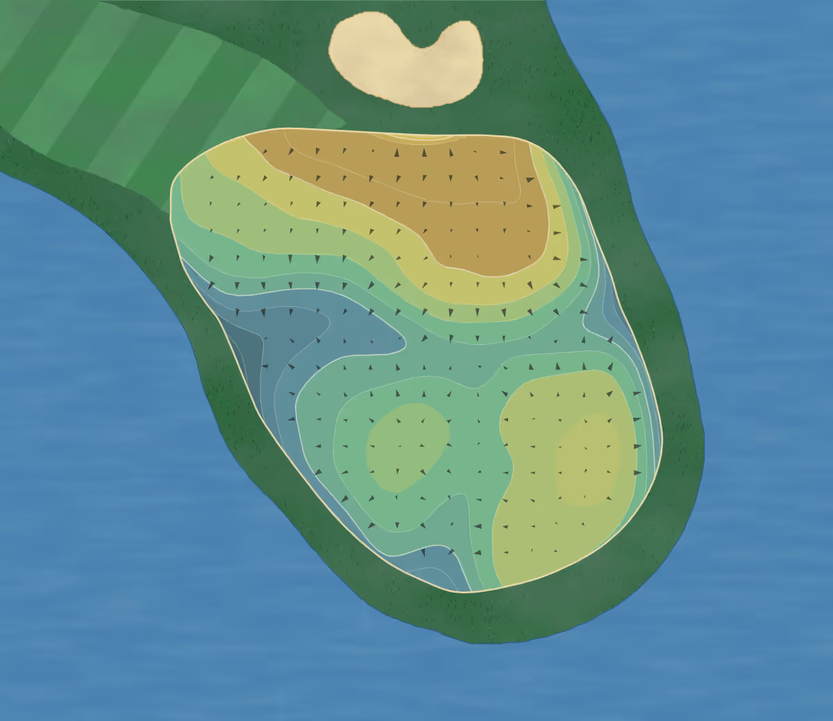 Green contour map of Trump Bedminster in Bedminster, New Jersey — 303 elevation contours at a 3-inch interval with fall-line arrows, traced from 1-meter lidar