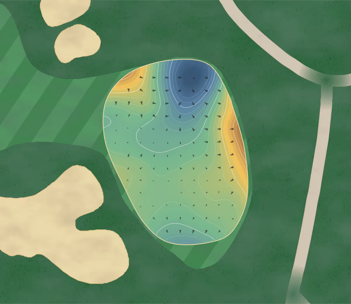 Green contour map of Trump National in Potomac Falls, Virginia — 240 elevation contours at a 3-inch interval with fall-line arrows, traced from 1-meter lidar
