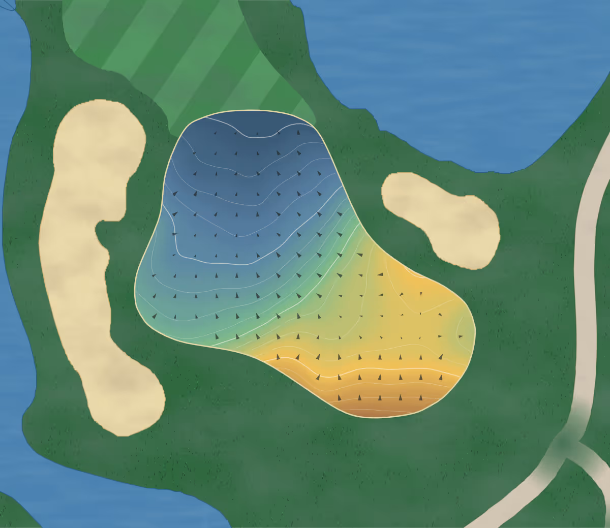 Green contour map of Tsawwassen Springs in Delta, Canada: 205 elevation contours at a 8-centimeter interval with fall-line arrows, traced from 1-meter lidar