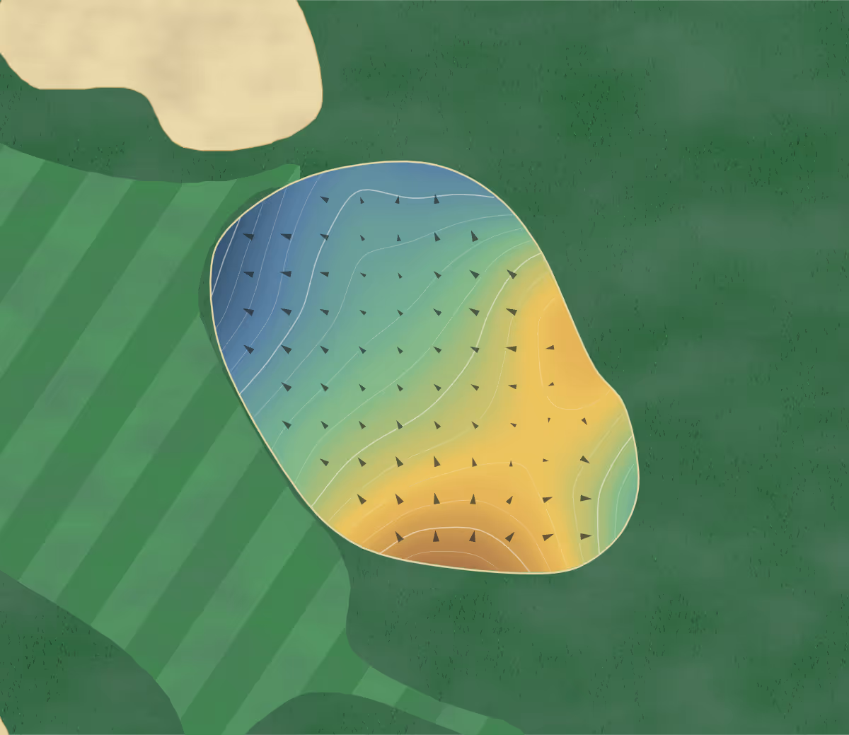Green contour map of Tsurumai in Ichihara, Japan: 668 elevation contours at a 8-centimeter interval with fall-line arrows, traced from 1-meter lidar