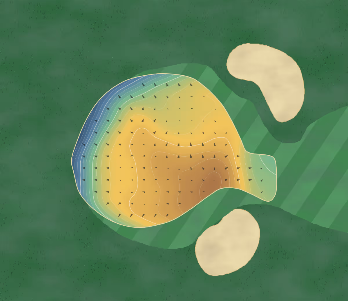 Green contour map of Tubbercurry in Tubbercurry, Ireland: 16 elevation contours at a 8-centimeter interval with fall-line arrows, traced from 1-meter lidar