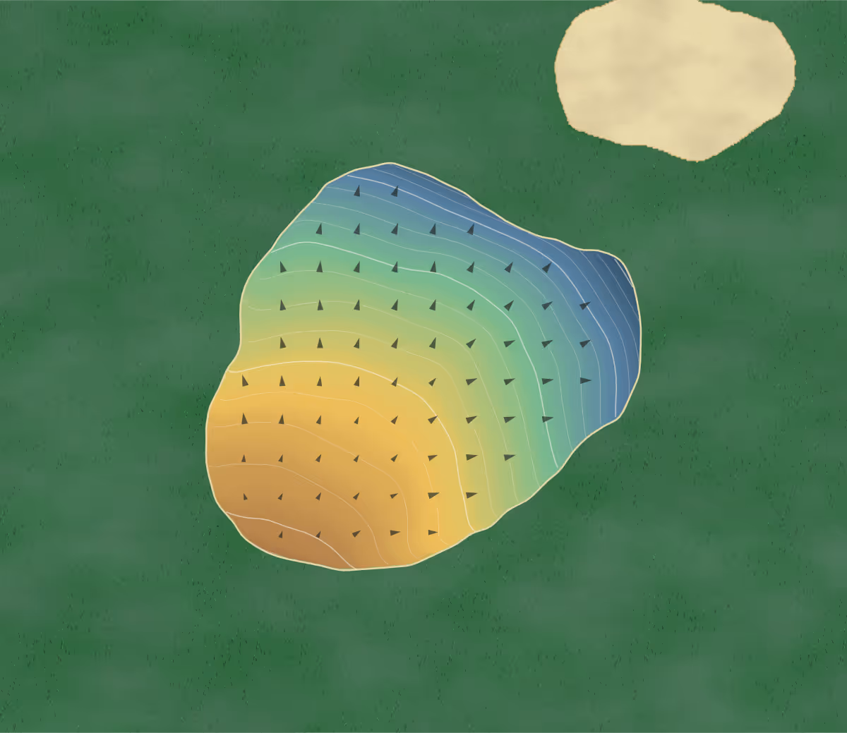 Green contour map of Tumut in Tumut, Australia — 173 elevation contours at a 8-centimeter interval with fall-line arrows, traced from 1-meter lidar