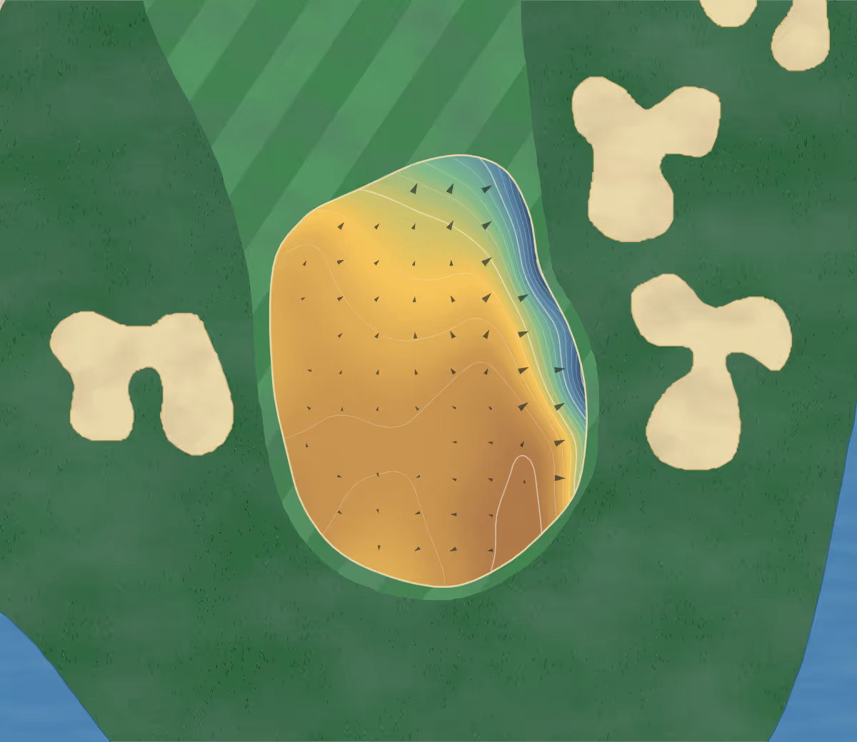 Green contour map of Tupelo National in Saltillo, Mississippi: 140 elevation contours at a 3-inch interval with fall-line arrows, traced from 1-meter lidar