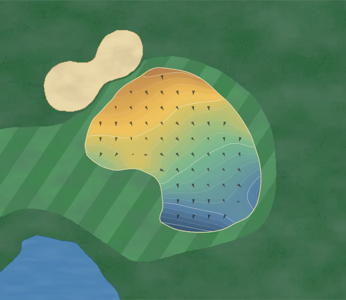 Green contour map of Tura Beach in Tura Beach, Australia — 207 elevation contours at a 8-centimeter interval with fall-line arrows, traced from 1-meter lidar
