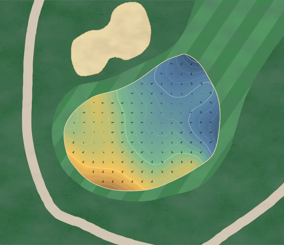 Green contour map of Turner Valley in Turner Valley, Canada — 201 elevation contours at a 8-centimeter interval with fall-line arrows, traced from 1-meter lidar