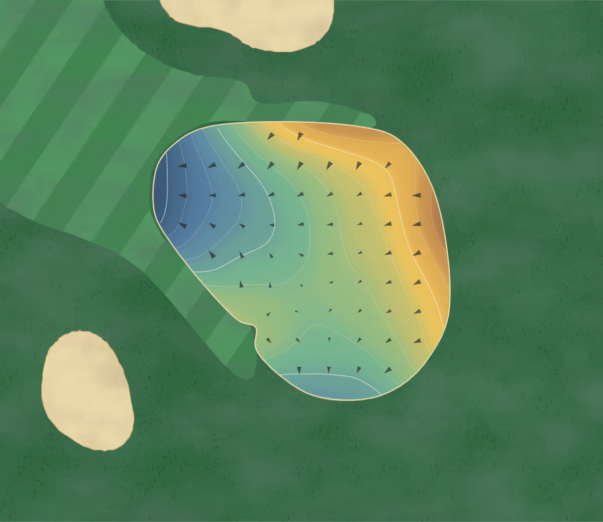 Green contour map of Turtle Cove in Monticello, Georgia: 96 elevation contours at a 3-inch interval with fall-line arrows, traced from 1-meter lidar