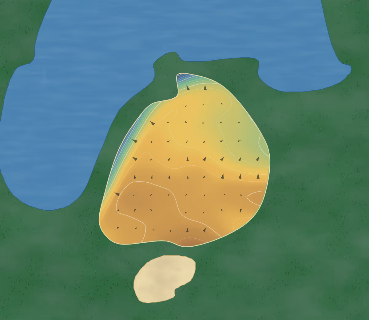 Green contour map of Turtle Point at Kiawah in Kiawah Island, South Carolina: 208 elevation contours at a 3-inch interval with fall-line arrows, traced from 1-meter lidar