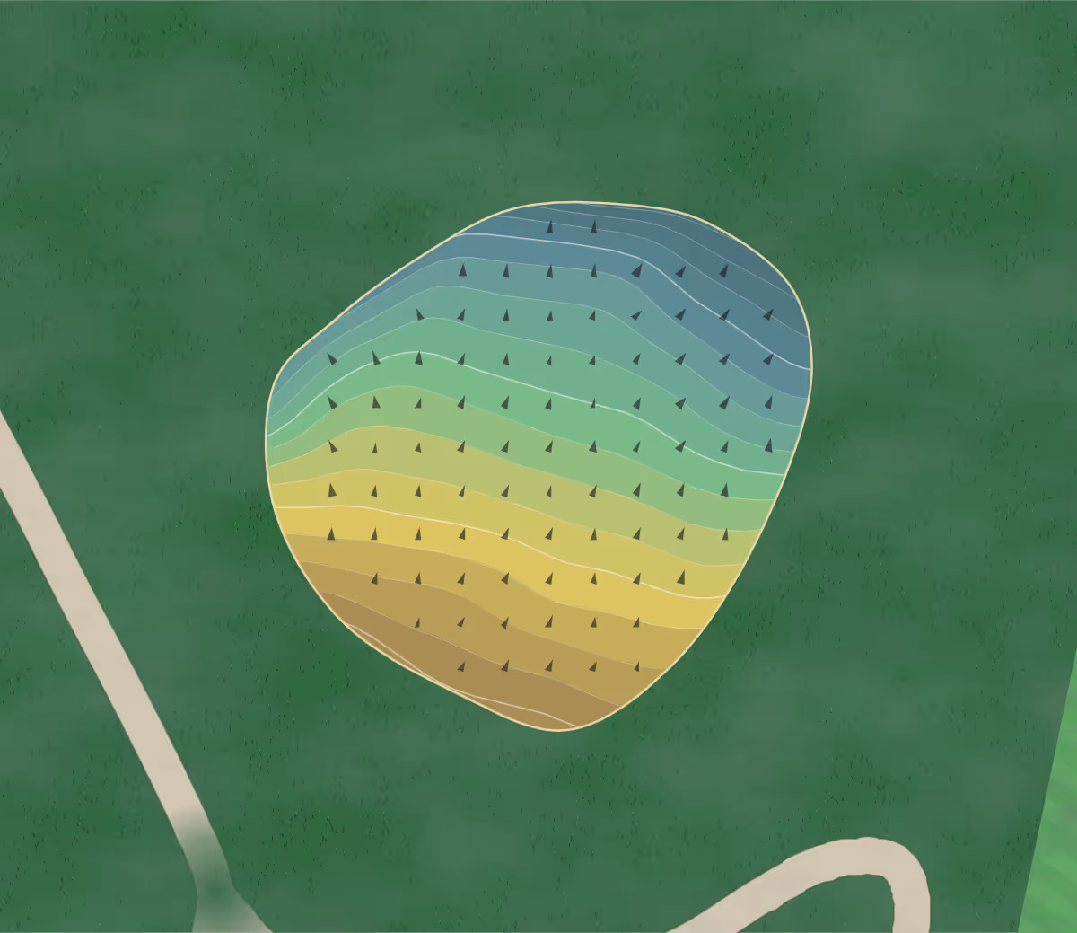 Green contour map of Turtle Run in Danville, Illinois — 216 elevation contours at a 3-inch interval with fall-line arrows, traced from 1-meter lidar