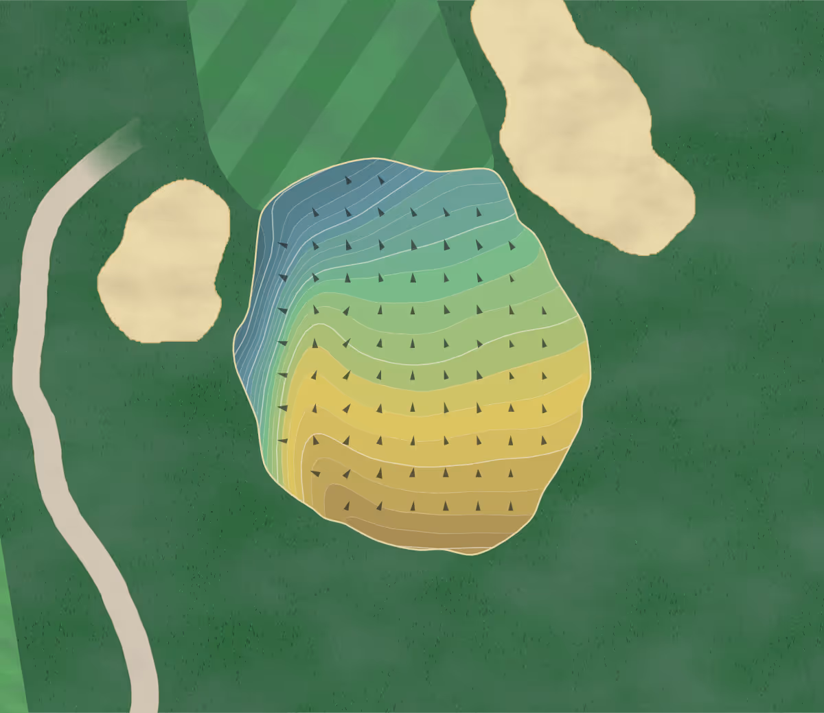 Green contour map of Tuscumbia in Green Lake, Wisconsin — 115 elevation contours at a 3-inch interval with fall-line arrows, traced from 1-meter lidar
