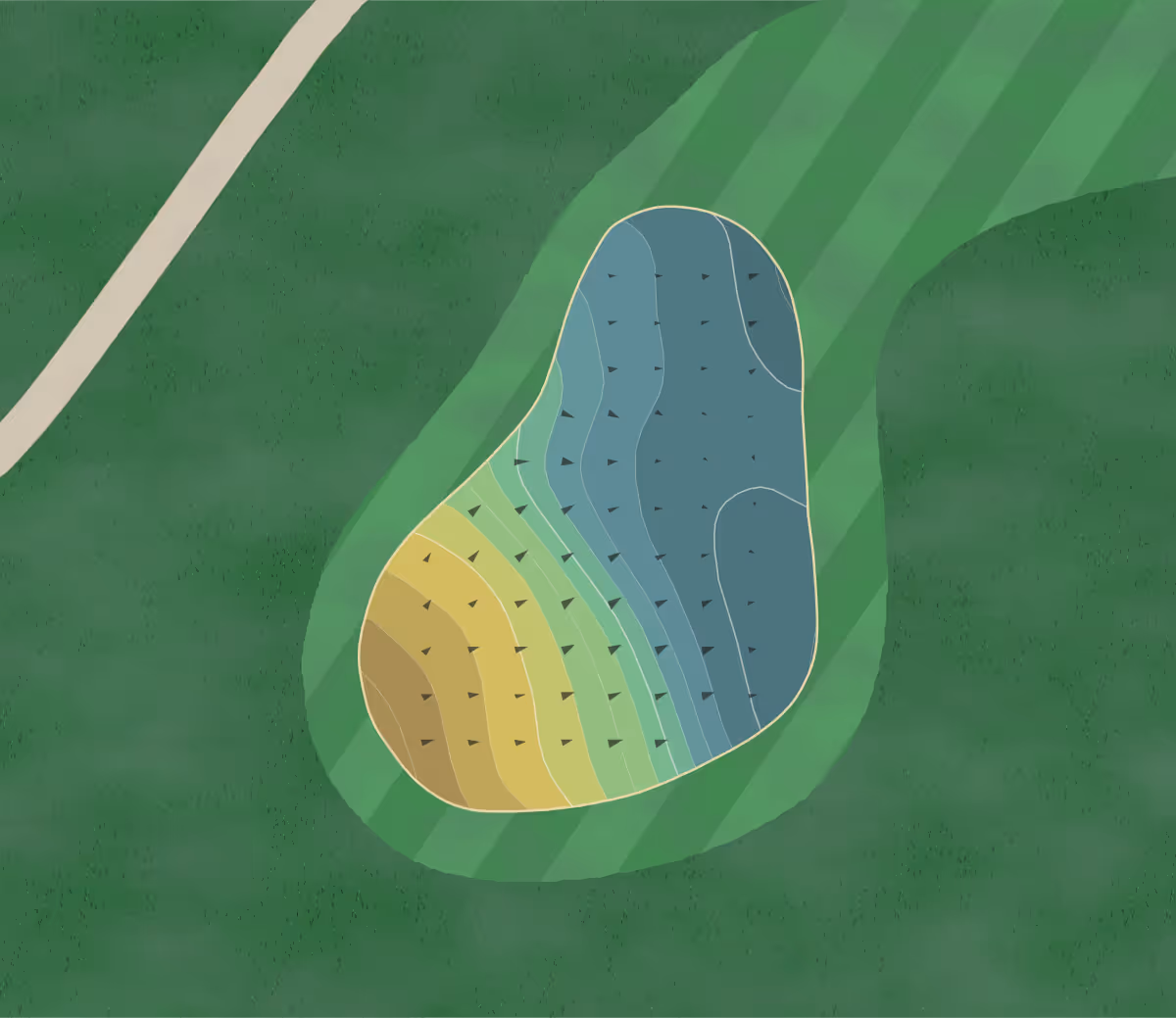 Green contour map of Twin Creeks in Salinas, California — 80 elevation contours at a 3-inch interval with fall-line arrows, traced from 1-meter lidar