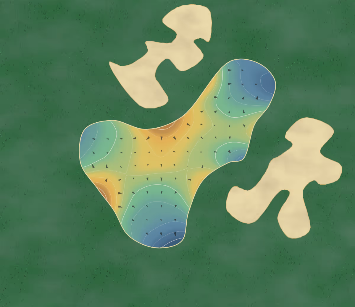 Green contour map of Twin Creeks in Luddenham, Australia — 188 elevation contours at a 8-centimeter interval with fall-line arrows, traced from 1-meter lidar