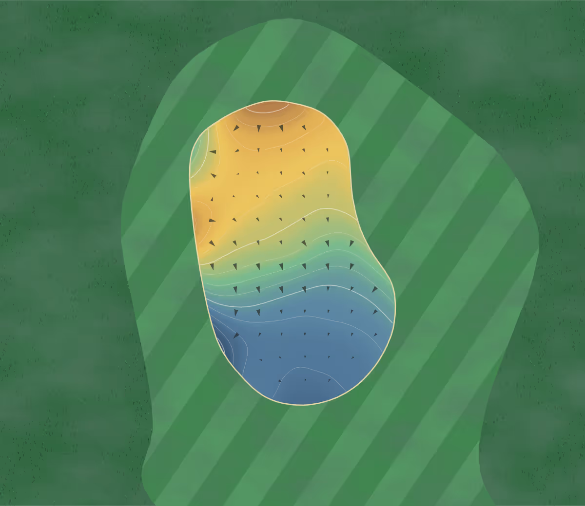 Green contour map of Twin Hills in OKC, Oklahoma — 215 elevation contours at a 3-inch interval with fall-line arrows, traced from 1-meter lidar