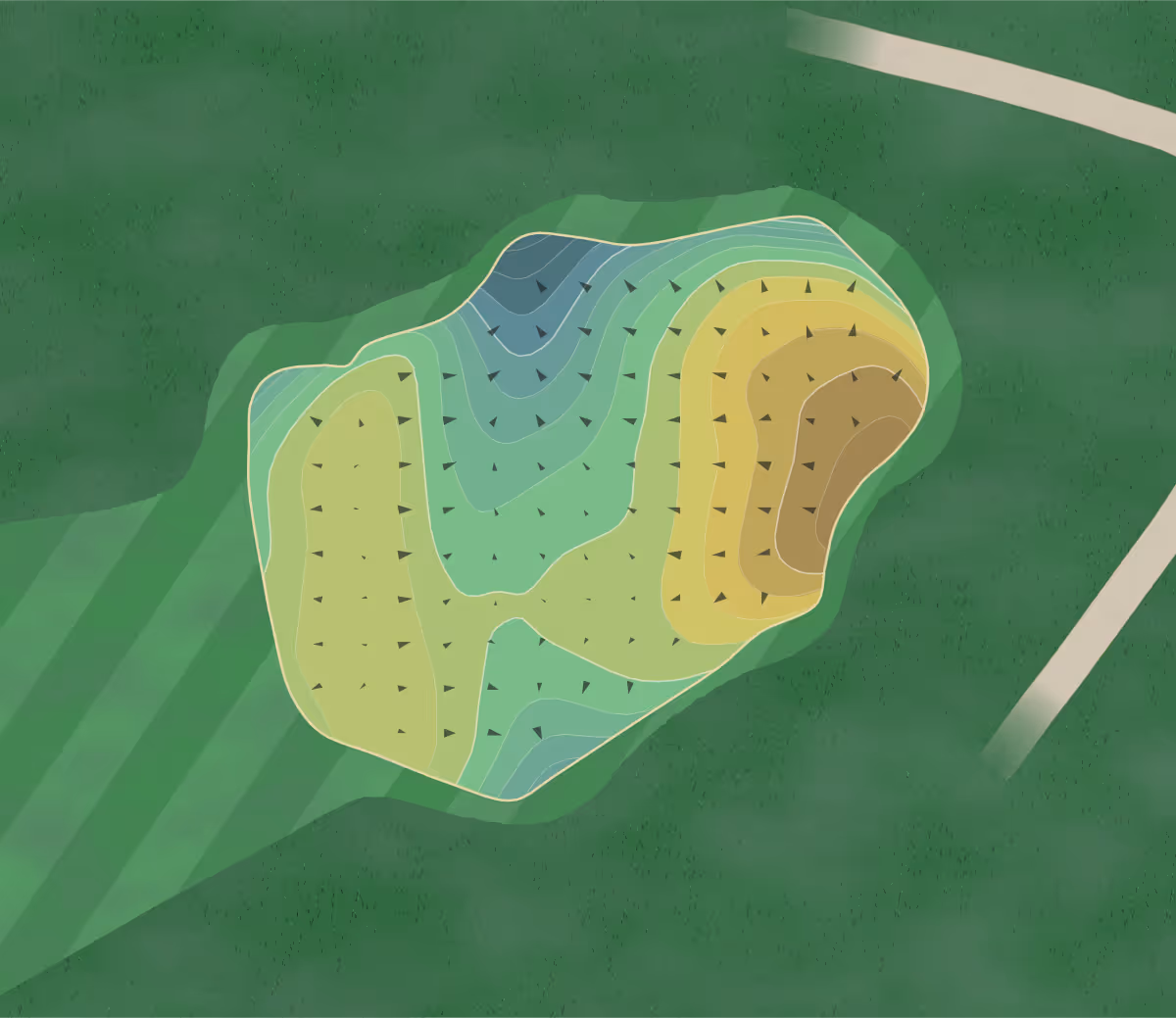 Green contour map of Twin Hills in Spencerport, New York — 268 elevation contours at a 3-inch interval with fall-line arrows, traced from 1-meter lidar