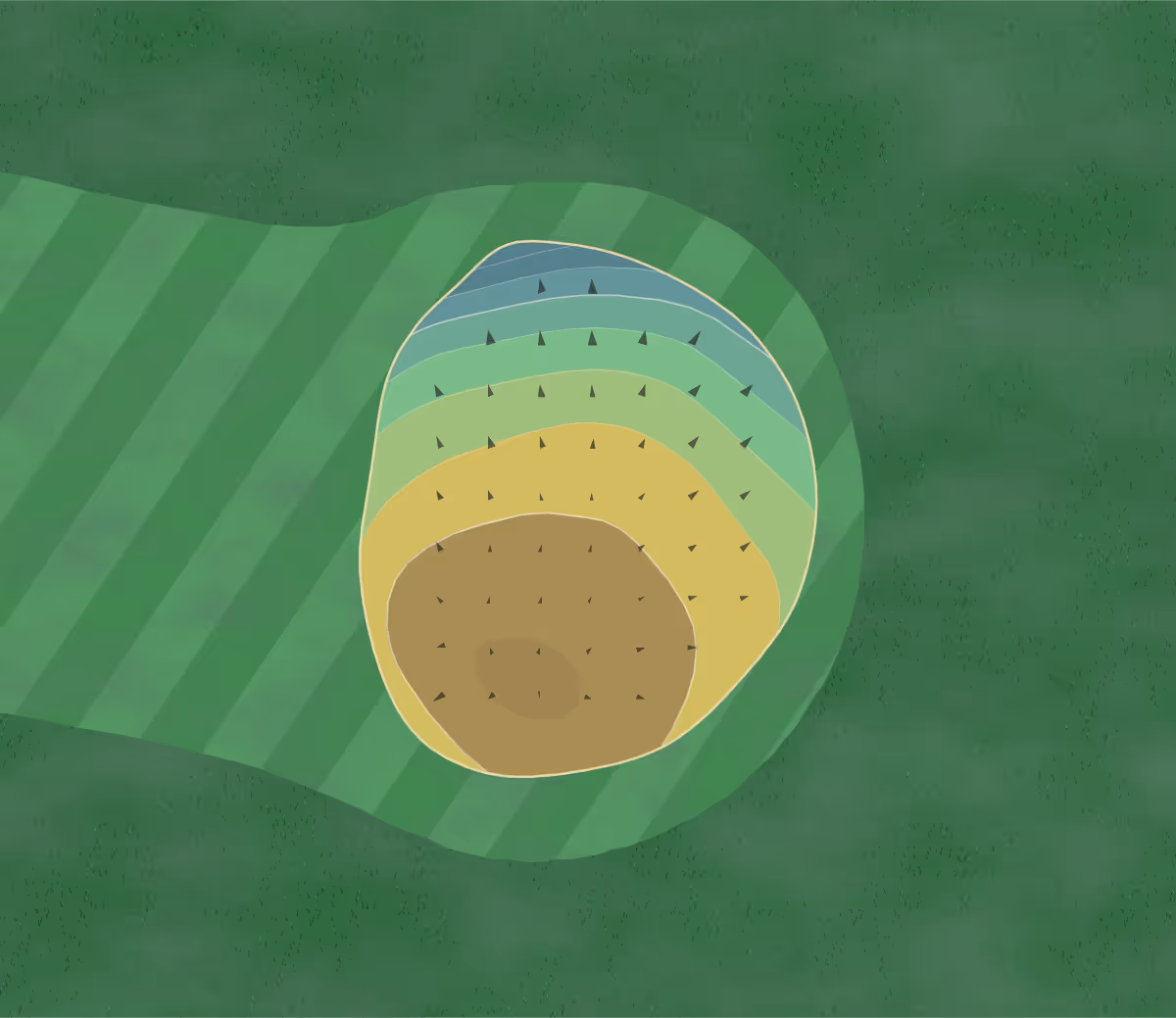 Green contour map of Twin Pines in Cedar Rapids, Iowa — 105 elevation contours at a 3-inch interval with fall-line arrows, traced from 1-meter lidar