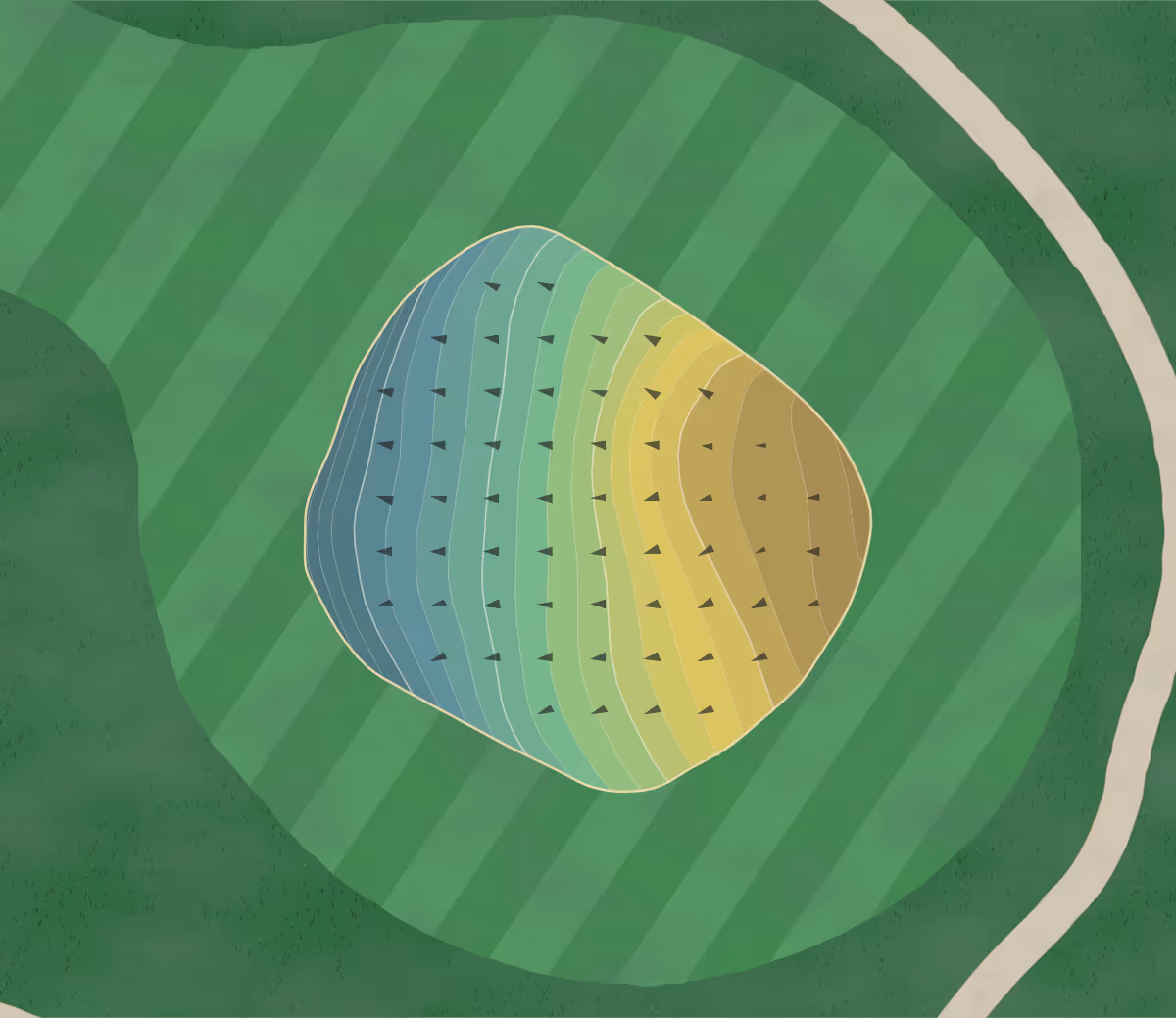Green contour map of Twin Pines in Russellville, Alabama — 223 elevation contours at a 3-inch interval with fall-line arrows, traced from 1-meter lidar
